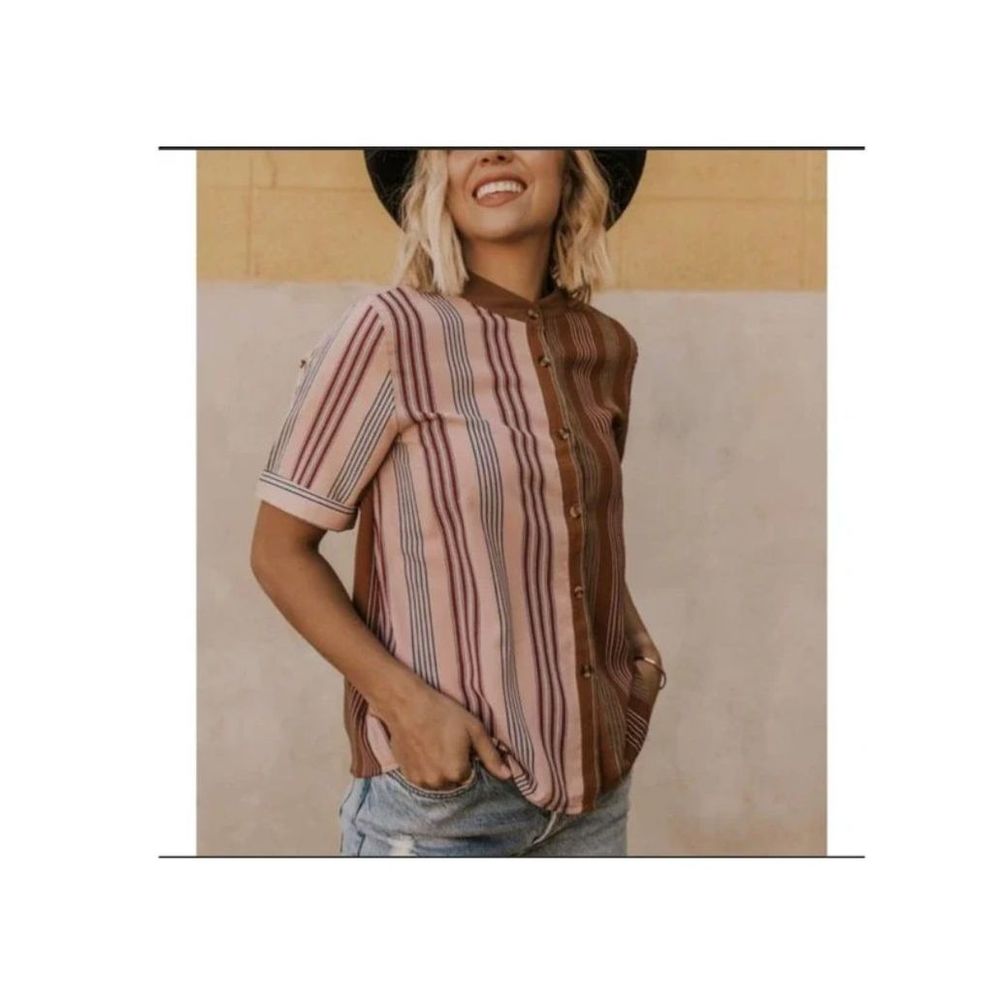 Roolee Ledger Stripe Button Down Contrast Panel Short Sleeve Shirt, Size L